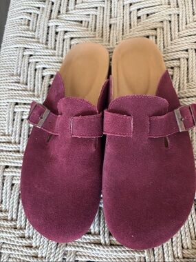 Women’s Burgundy Suede Slip-On Mule with Buckle